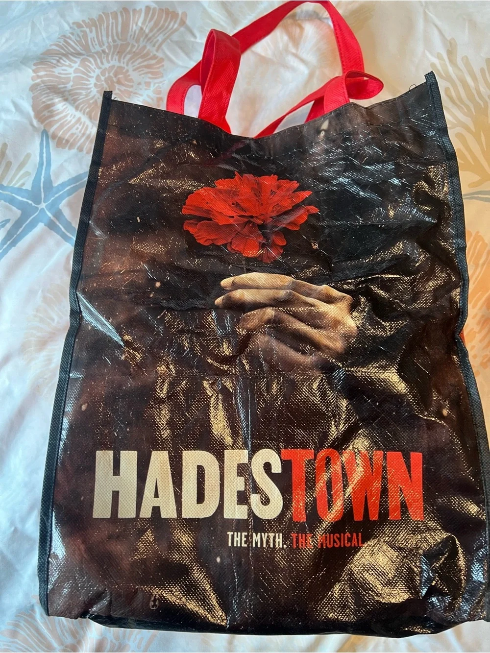 Hadestown Broadway Musical Reusable Tote Bag with Red Flower Graphic
